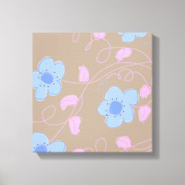 Beige Met Roze en Blauwe Bloemen Canvas Afdruk