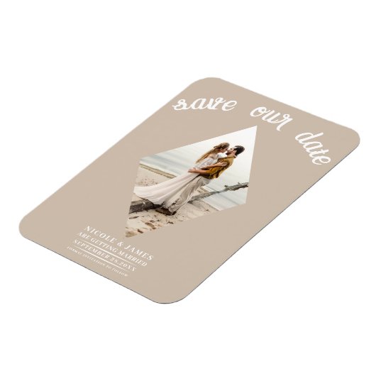 Beige Minimal Diamond Photo Wedding Sla de datum o Magneet (Linkerzijde)