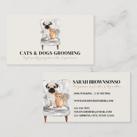 Beige Minimale moderne Sofa Pug Dog Cat Pet Visitekaartje (Voorkant / Achterkant)