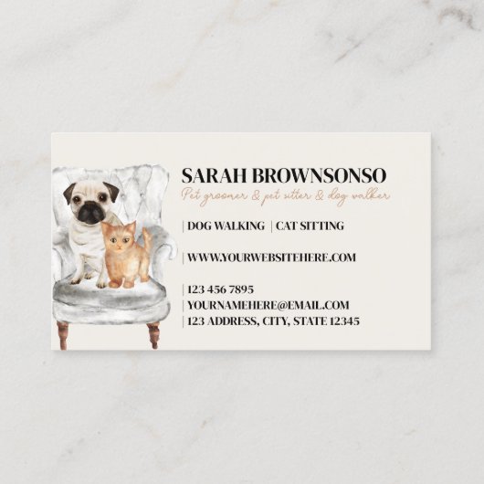 Beige Minimale moderne Sofa Pug Dog Cat Pet Visitekaartje (Achterkant)