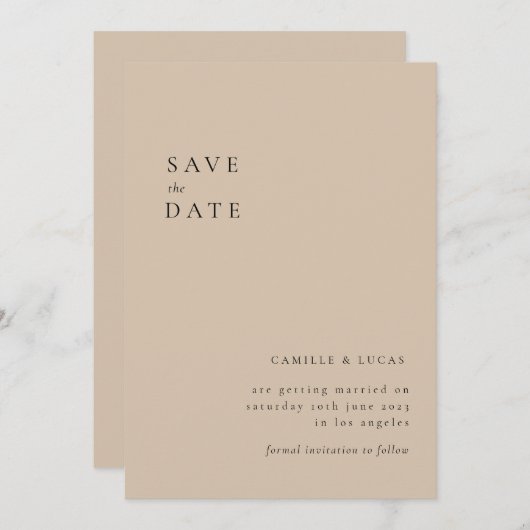 Beige Minimalist & Elegant Bruiloft Bewaar de datu Kaart (Voorkant / Achterkant)