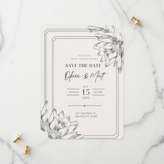 Beige Minimalist Floral Save the Date Kaart (Voorkant / Achterkant in situ)