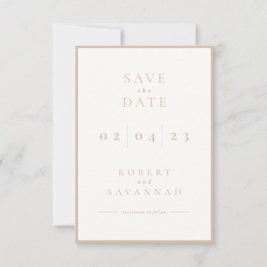 Beige minimalist Sla de datum-Kaart op Save The Date (Voorkant)