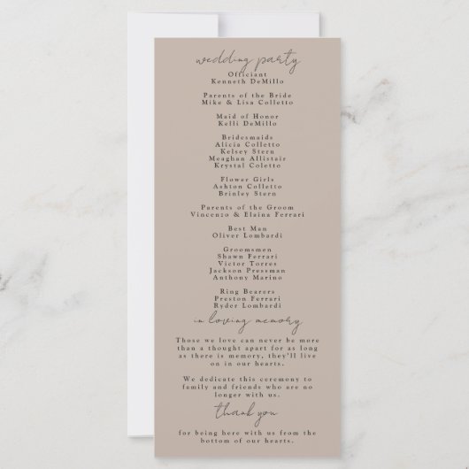 Beige minimalistisch huwelijksprogramma (Achterkant)