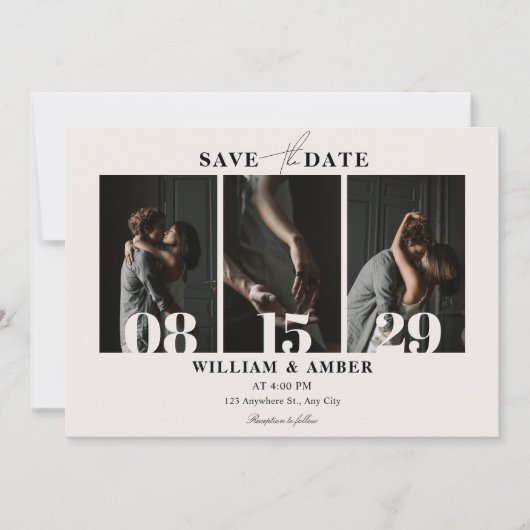 Beige minimalistische fotocollage bruiloft save the date (Voorkant)