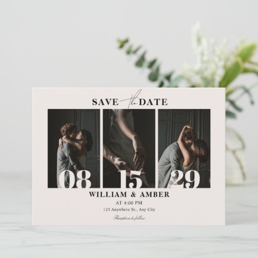 Beige minimalistische fotocollage bruiloft save the date (Staand voorkant)