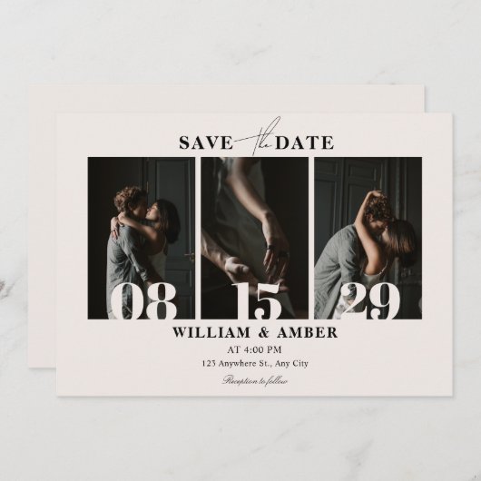 Beige minimalistische fotocollage bruiloft save the date (Voorkant / Achterkant)
