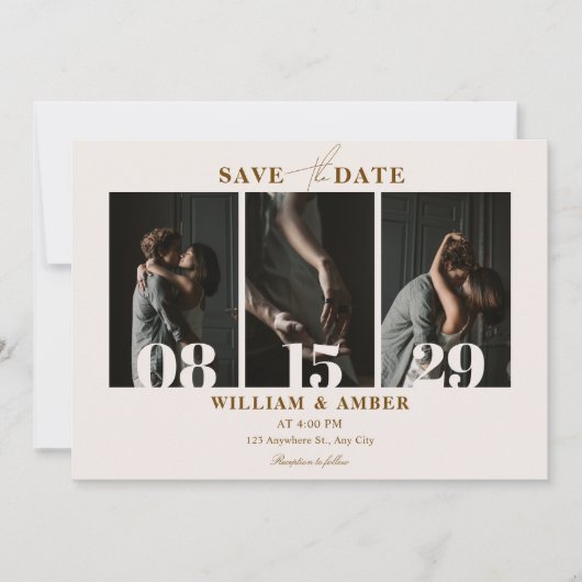 Beige minimalistische fotocollage bruiloft save the date (Voorkant)
