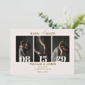 Beige minimalistische fotocollage bruiloft save the date (Staand voorkant)