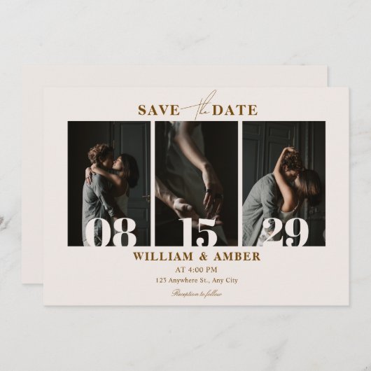 Beige minimalistische fotocollage bruiloft save the date (Voorkant / Achterkant)