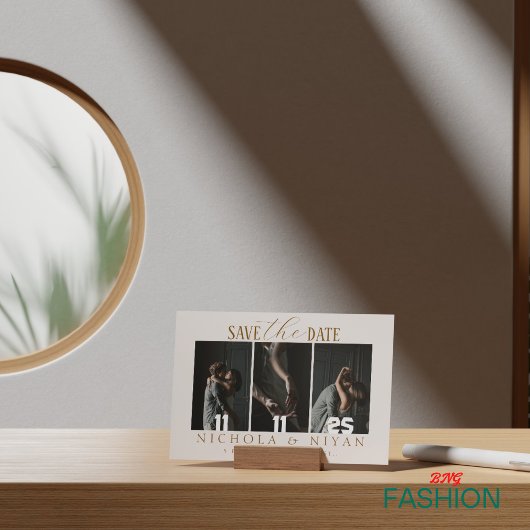 Beige minimalistische fotocollage bruiloft save the date