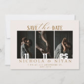 Beige minimalistische fotocollage bruiloft save the date (Voorkant)