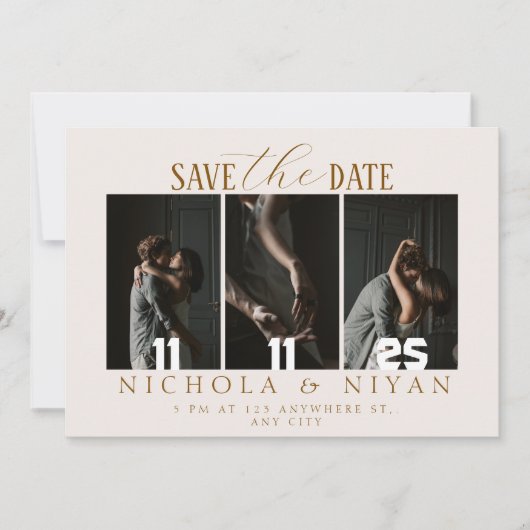 Beige minimalistische fotocollage bruiloft save the date (Voorkant)