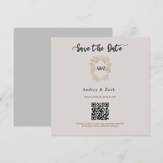 Beige Minimalistische Huwelijks-QR-scanCard Save The Date (Voorkant / Achterkant)