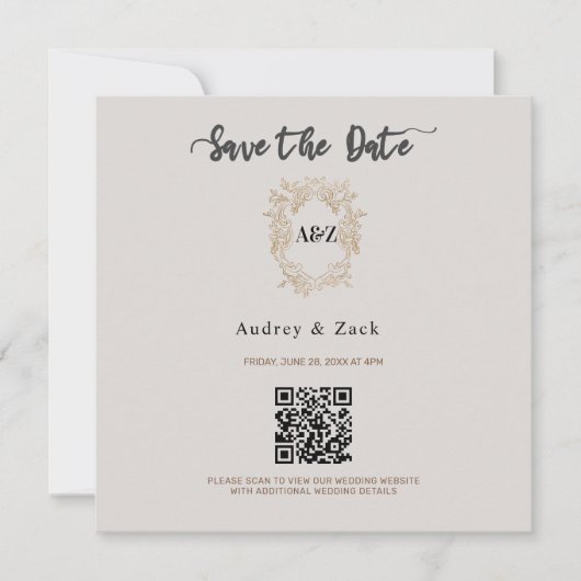 Beige Minimalistische Huwelijks-QR-scanCard Save The Date (Voorkant)