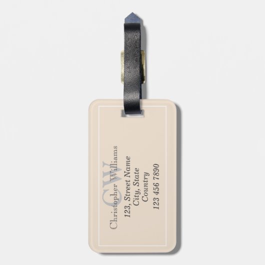 Beige minimalistische naam Monogram Bagagelabel (Achterkant verticaal)