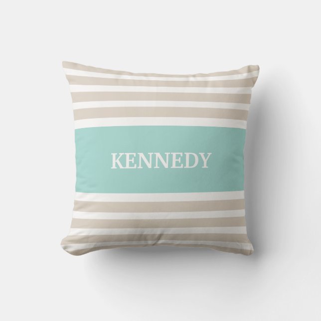Beige Mint Green Stripes Monogram Kussen (Voorkant)