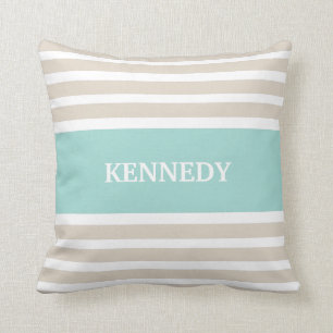 Beige Mint Green Stripes Monogram Kussen