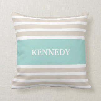 Beige Mint Green Stripes Monogram Kussen