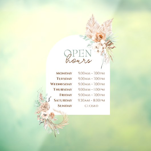 Beige Mint Rozen en Boog Openingstijden Venster Cl Raamsticker (Vel 3)