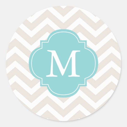 Beige & Mint Zigzags Patroon Monogram Ronde Sticker (Voorkant)