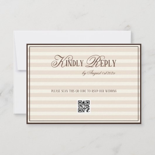 Beige Mocca gestreepte Old Money trouw QR-code RSVP Kaartje (Voorkant)