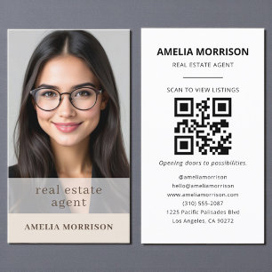 Beige Mocha Real Estate Agent QR Code Foto Visitekaartje