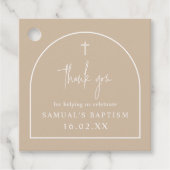Beige Modern Arch Minimalist Baptisme Square Bedankjes Labels (Voorkant)