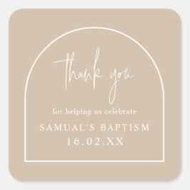 Beige Modern Arch Minimalist Christening Favor Vierkante Sticker