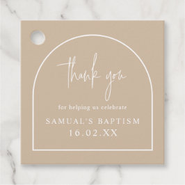 Beige Modern Arch Minimalist Christening Square Bedankjes Labels