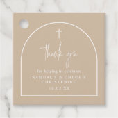 Beige Modern Arch Minimalist Joint Christening Bedankjes Labels (Voorkant)