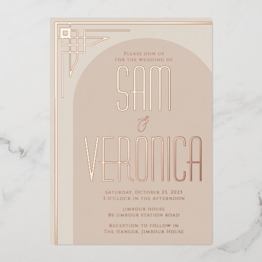 Beige Modern Deco Arch Folie Folie Uitnodiging (Voorkant)