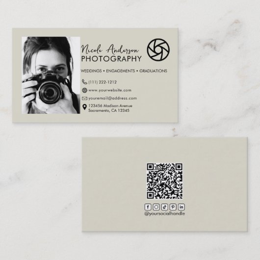 Beige Modern Minimal Front Logo Fotografie Foto Visitekaartje (Voorkant / Achterkant)