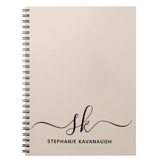 Beige Modern Minimale Naam Initiaal Monogram Notitieboek (Voorkant)