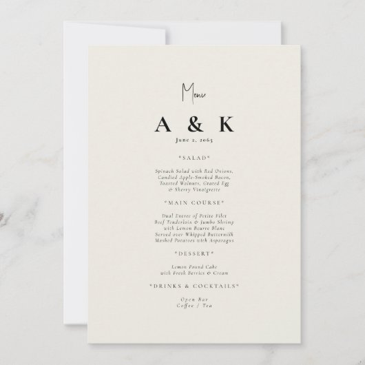 Beige Modern Monogram Bruiloft Menu Kaart (Voorkant)
