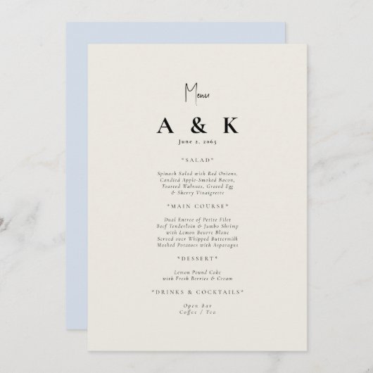 Beige Modern Monogram Bruiloft Menu Kaart (Voorkant / Achterkant)