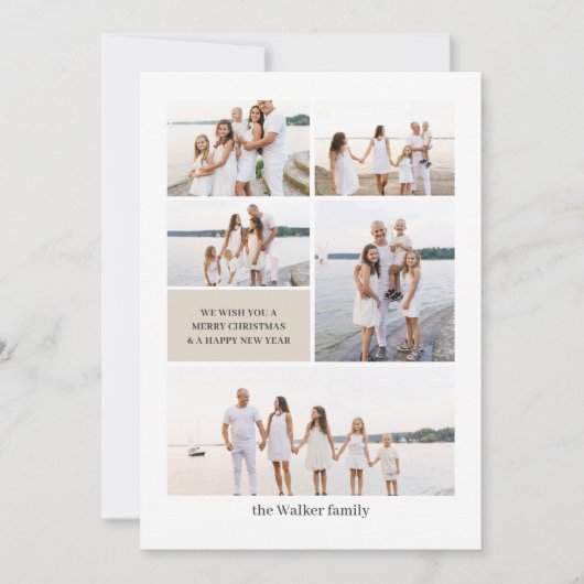 Beige Modern Neutraal 5 Foto Elegant Feestdagenkaart (Voorkant)