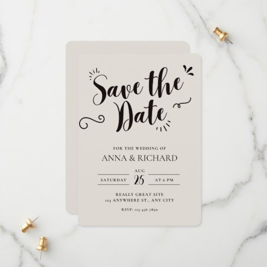 Beige Modern Save the Date Uitnodiging (Voorkant / Achterkant in situ)