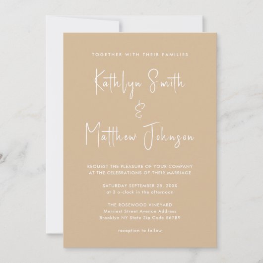 Beige Modern Script All-in-One minimalistische bru Kaart (Voorkant)