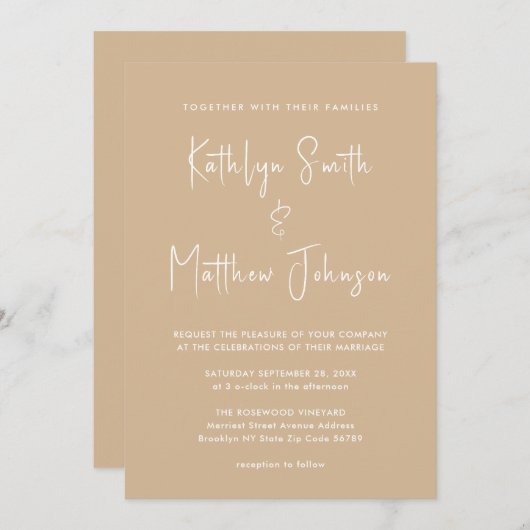Beige Modern Script All-in-One minimalistische bru Kaart (Voorkant / Achterkant)