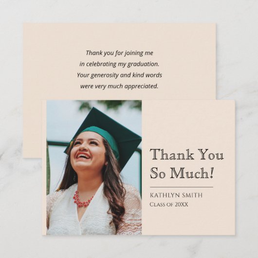 Beige Modern Script Photo Afstuderen Bedankkaart (Voorkant / Achterkant)