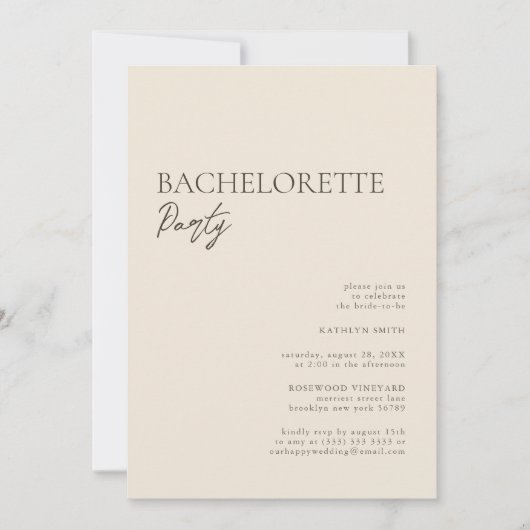 Beige Modern Whimsical Script Bachelorette Party Kaart (Voorkant)