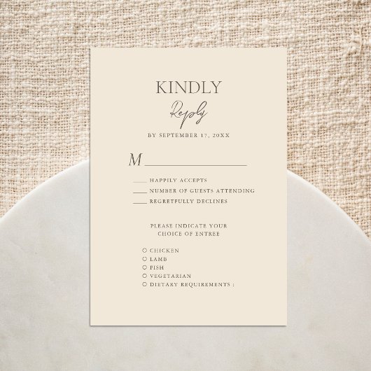 Beige Modern Whimsical Script Boheemse bruiloft RSVP Kaartje