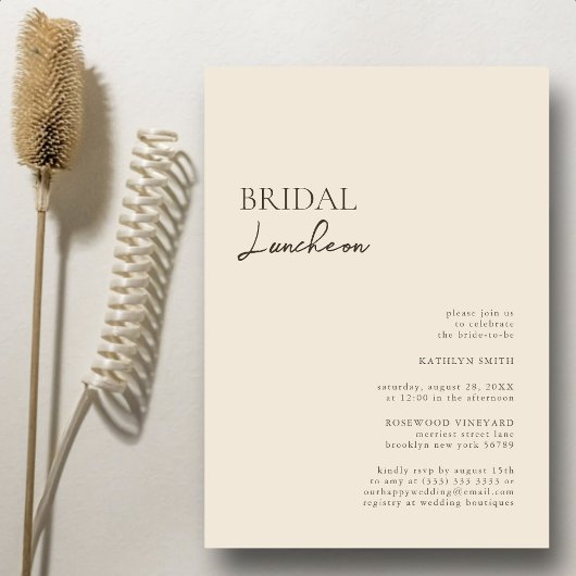 Beige Modern Whimsical Script Bridal Luncheon Kaart