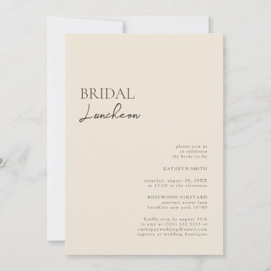 Beige Modern Whimsical Script Bridal Luncheon Kaart (Voorkant)