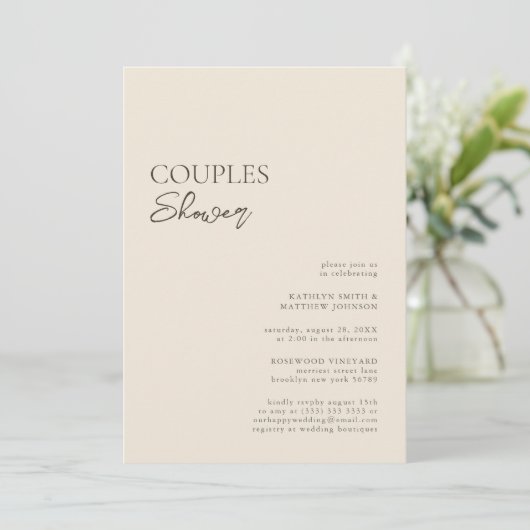 Beige Modern Whimsical Script Couples Douche Kaart (Staand voorkant)