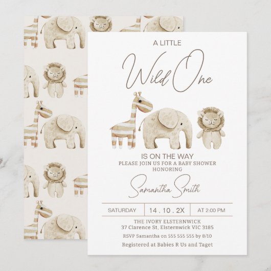 Beige Modern Wild One Safari Baby shower Kaart (Voorkant / Achterkant)