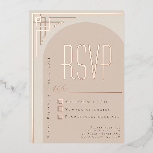 Beige Moderne Deco Arch RSVP Folie Uitnodiging (Voorkant)