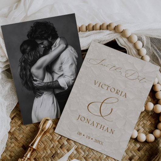 Beige Moderne Elegante Script Foto Save The Date