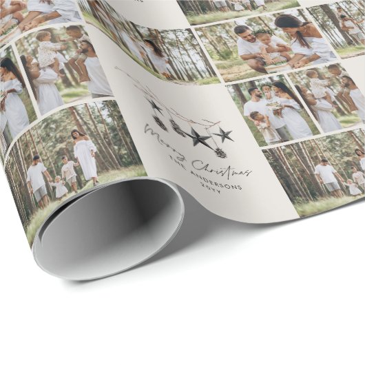 Beige moderne multi foto elegant script kerst cadeaupapier (Rol Hoek)